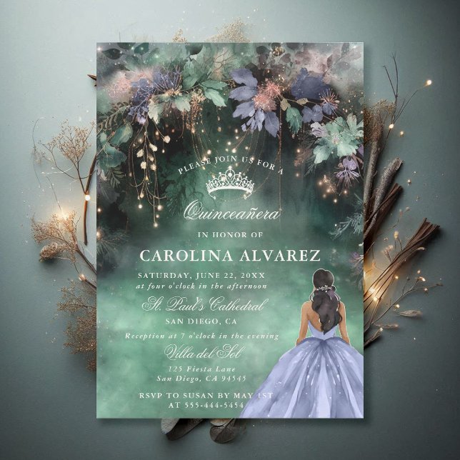 Enchanted Forest Periwinkle Blue Chic Quinceanera Invitation (enchanted forest quinceanera invitation watercolor princess dress periwinkle emerald green)