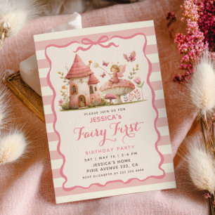 Enchanted Forest Pink Fairy First Birthday Party  Invitation