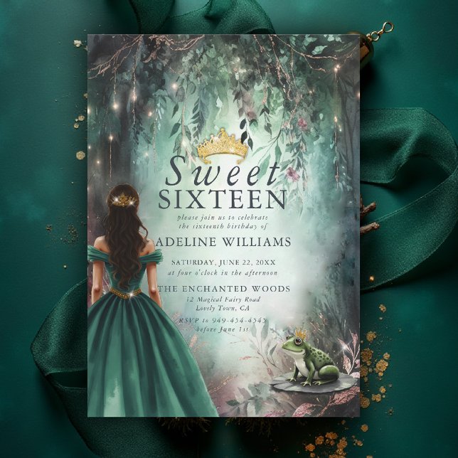 Enchanted Forest Princess Frog Fairytale Sweet 16 Invitation (sweet sixteen birthday party invitations enchanted forest princess frog prince emerald green pink)
