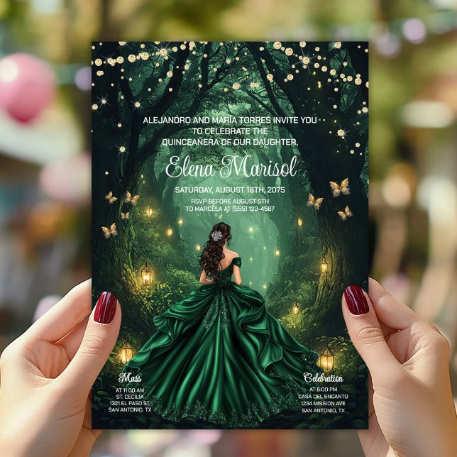 Enchanted Forest Quinceañera Invitation (Enchanted forest Quinceañera invitation with elegant gown, butterflies, lanterns. Add your details.)