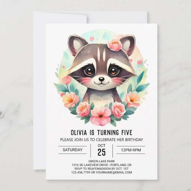  Enchanted Forest Racoon Girl Birthday Invitation (Front)