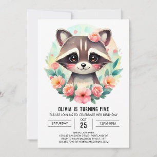 Enchanted Forest Racoon Girl Birthday Invitation