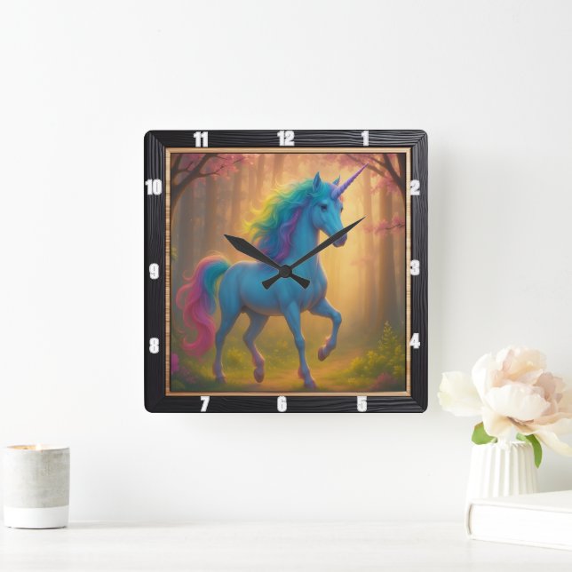 Enchanted Forest Rainbow Unicorn Square Wall Clock (Home)