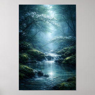 Enchanted Forest River Under Moonlight Art Poster