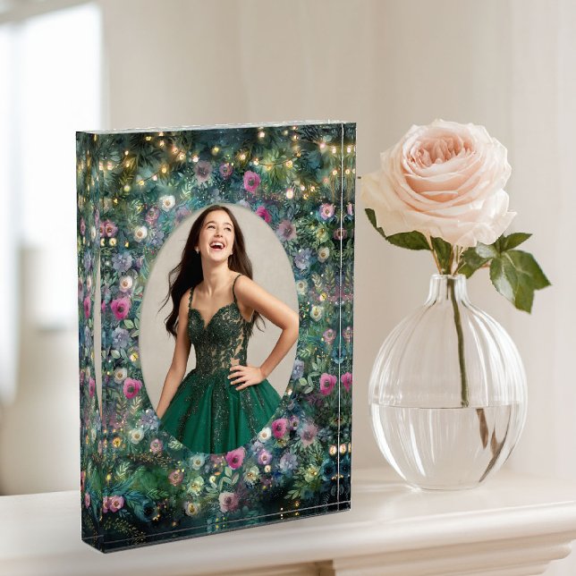 Enchanted Forest Rose Greenery Woodland Fairy Photo Block (enchanted forest photo block wild rose floral emerald gold woodland fairy greenery sweet 16 keepsake)