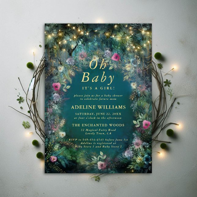 Enchanted Forest Roses Fairy Woodland Baby Shower Invitation (enchanted forest baby shower greenery arch foliage roses magical garden fairy woodland lights)