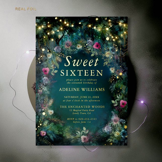 Enchanted Forest Roses Gold Twinkle Light Sweet 16 (enchanted forest sweet sixteen invitation magical woodland garden roses emerald green fuchsia gold)