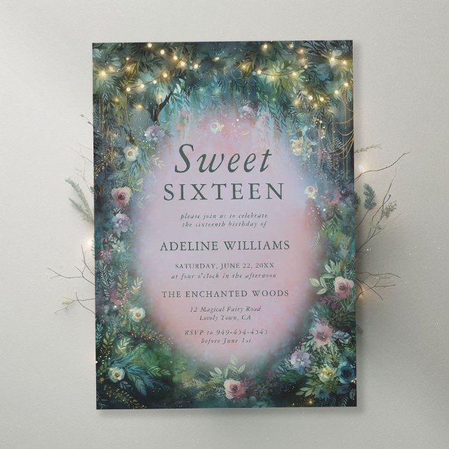 Enchanted Forest Roses Misty Pink Green Sweet 16 Invitation (enchanted forest sweet sixteen invite wild roses misty pink emerald green magical woodland fairytale)