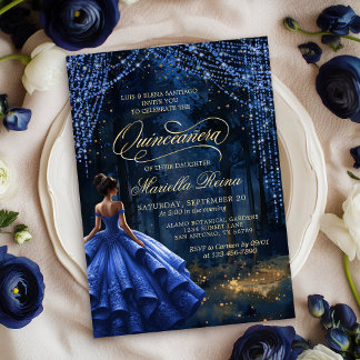 Enchanted Forest Royal Blue Quinceañera Invitation
