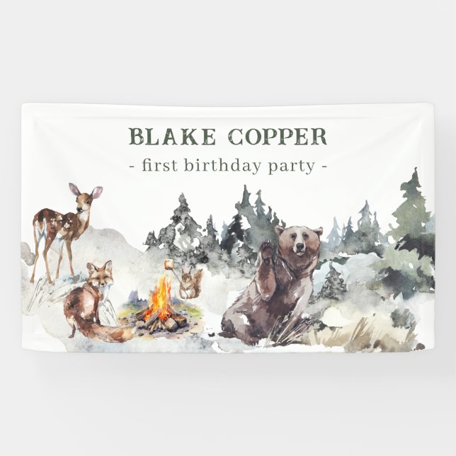 Enchanted Forest Rustic Woodland Boy 1st Birthday Banner (Horizontal)