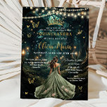 Enchanted Forest Sage Green Dress Quinceañera 16 Invitation<br><div class="desc">Personalise this enchanting Quinceañera / Sweet 16 birthday invitation easily and quickly. Simply click the Edit Using Design Tools button to further edit the text, change font styles and font colours. Featuring a girl dressed in a sage green dress and an enchanted forest background. The butterflies, quince girl and crown...</div>