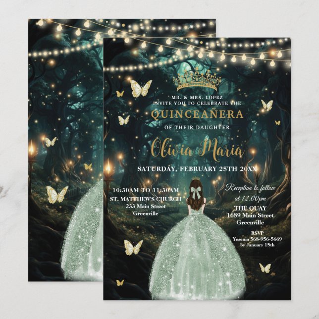 Enchanted Forest Sage Green Dress Quinceañera 16 Invitation (Front/Back)