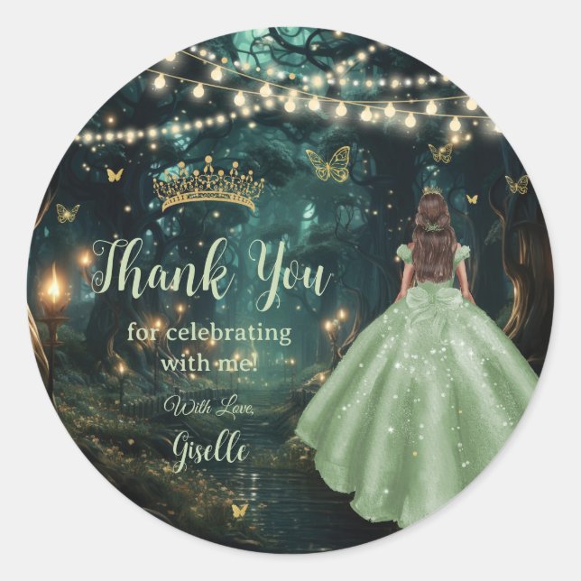 Enchanted Forest Sage Green Dress Quinceañera Classic Round Sticker (Front)