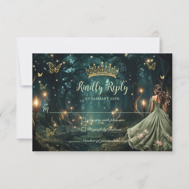 Enchanted Forest Sage Green Dress Quinceañera  RSVP Card (Front)