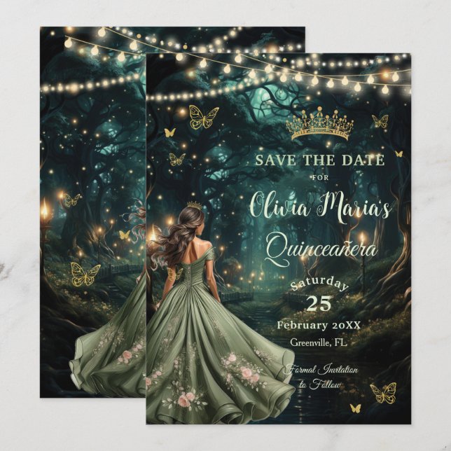 Enchanted Forest Sage Green Dress Quinceañera Save The Date (Front/Back)