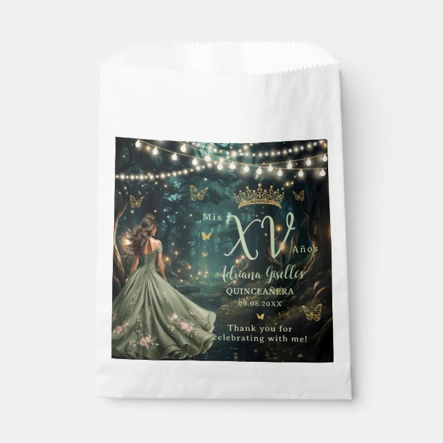 Enchanted Forest Sage Green Dress Quinceañera XV Favour Bag (Front)