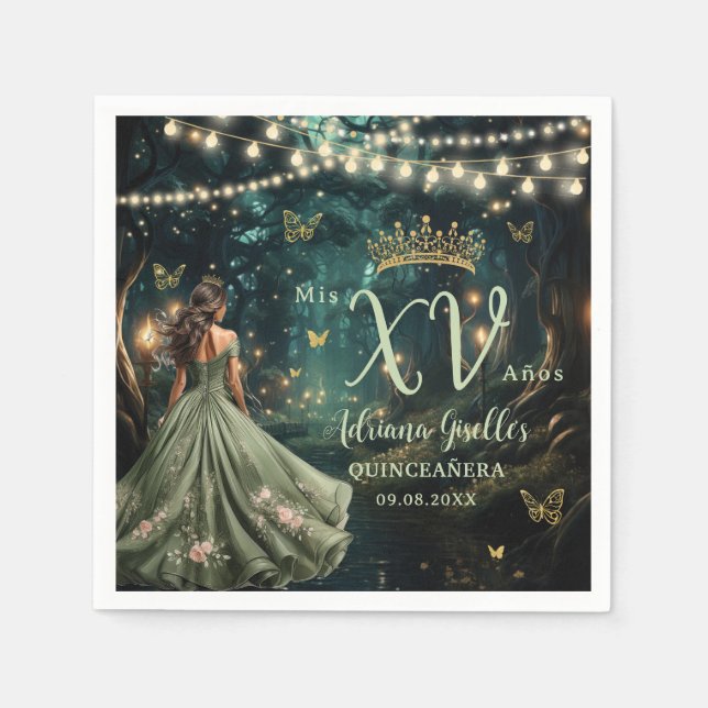 Enchanted Forest Sage Green Dress Quinceañera XV  Napkin (Front)