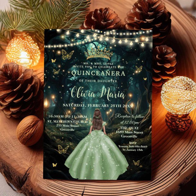 Enchanted Forest Sage Green Dress XV Quinceañera Invitation (Creator Uploaded)