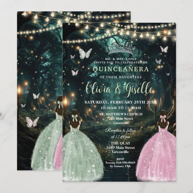 Enchanted Forest Sage Green Pink Twins Quinceañera Invitation (Front/Back)