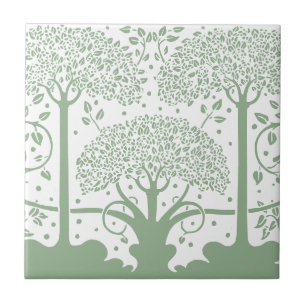 Enchanted Forest Sage Green & White Tree Ceramic Tile