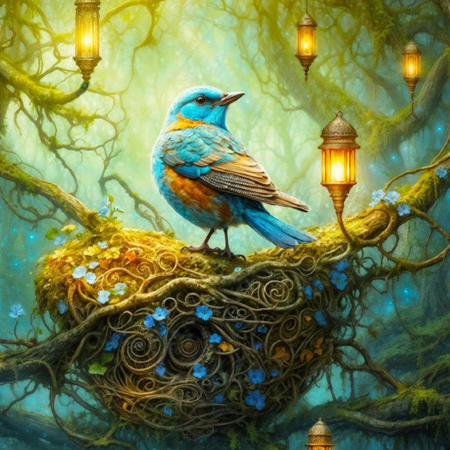 Enchanted forest scene with bird and lanterns jigsaw puzzle (Close- up of artwork)
