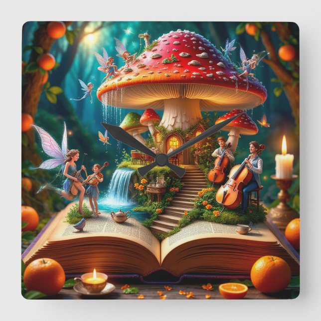 Enchanted Forest Setting With Fairies Square Wall Clock (Front)