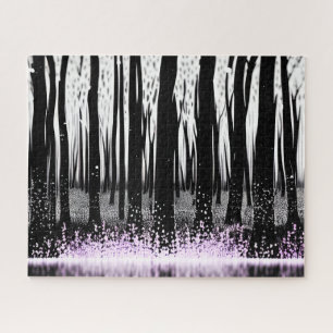 Enchanted Forest Silhouette with Purple Flowers Jigsaw Puzzle