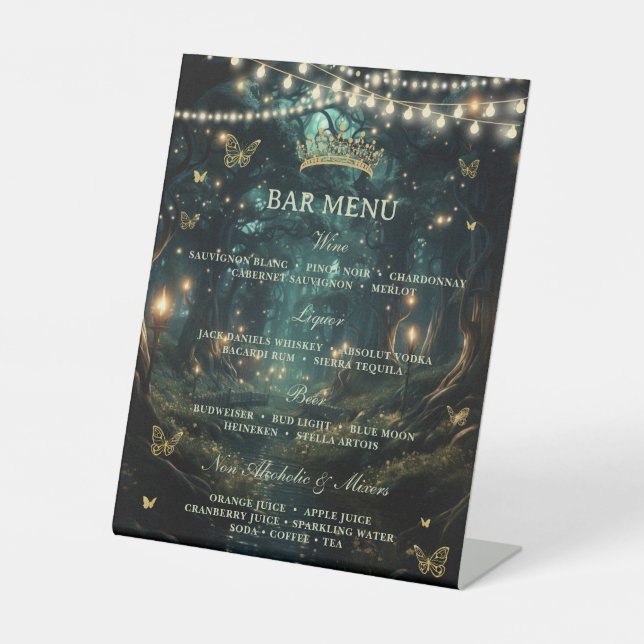 Enchanted Forest Starry Night Quinceanera Bar Menu Pedestal Sign (Front)