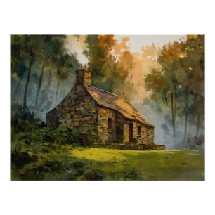 Enchanted Forest Stone Cottage Art Poster