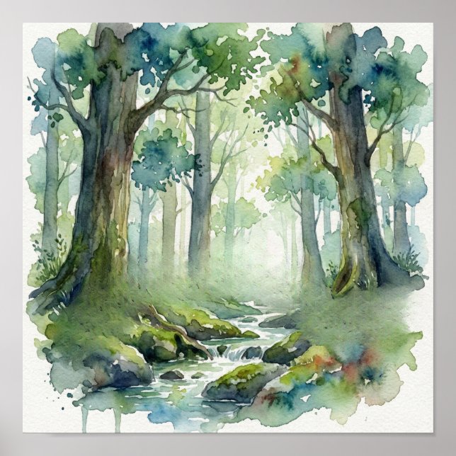 Enchanted Forest Stream: Ethereal Green Watercolor Poster (Front)
