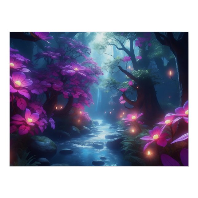 Enchanted Forest Stream – Glowing Flowers Fantasy  Poster (Front)
