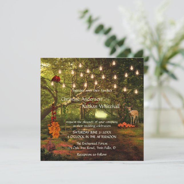 Enchanted Forest String Lights Wedding Invitation (Standing Front)