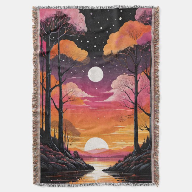 Enchanted Forest Sunset Throw Blanket (Front Vertical)