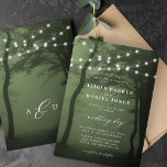 Enchanted forest tree lights dark green wedding invitation<br><div class="desc">Rustic woodland dark green forest and white hanging twinkle lights modern typography script wedding invitation.</div>