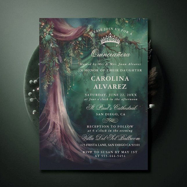 Enchanted Forest Veil Fairytale Church Quinceañera Invitation (enchanted forest quinceanera emerald green mauve purple veil woodland fairy tale church invitation)