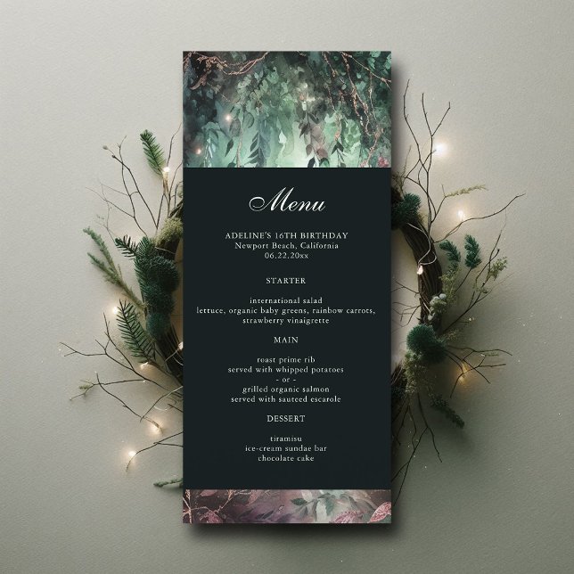 Enchanted Forest Vines Gold Mauve Elegant Menu (enchanted forest sweet 16 birthday menu moody emerald green dripping lights watercolor calligraphy)