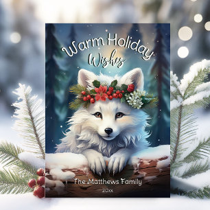 Enchanted Forest Warm Christmas Wishes Arctic Fox Holiday Card