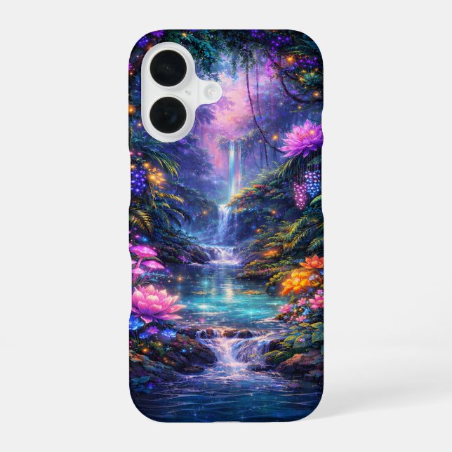 Enchanted Forest Waterfall Glow iPhone 16 Case (Back)