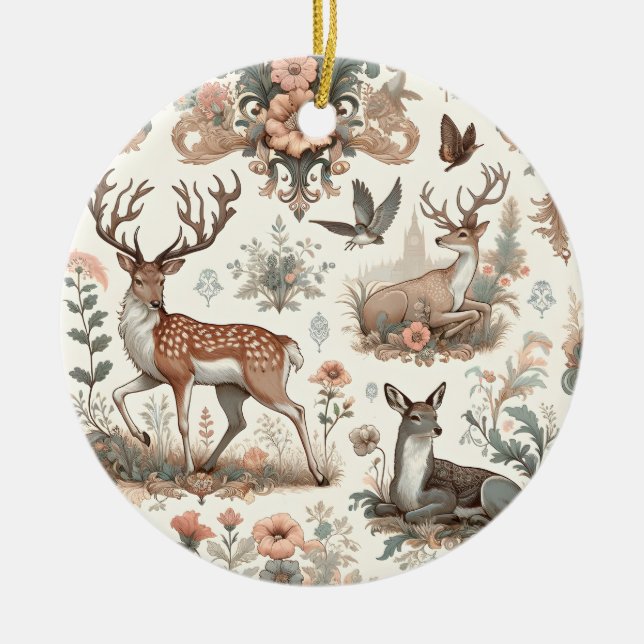 Enchanted Forest Whispers: Victorian Wildlife Ceramic Ornament (Front)