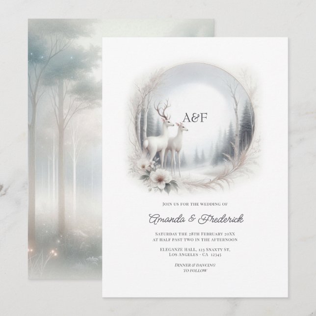 Enchanted Forest White Deer Monogram Wedding Invitation (Front/Back)