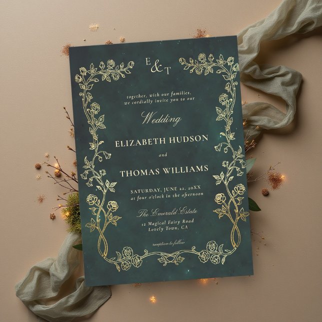 Enchanted Forest Wild Roses Vines Emerald Wedding Invitation (enchanted forest wedding invitation wild roses emerald green gold monograms woodland fairytale)