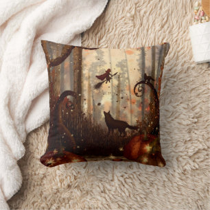 Enchanted Forest Witch Cat Halloween Throw Pillow