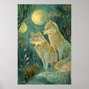 Enchanted Forest Wolves In Moonlight Poster
