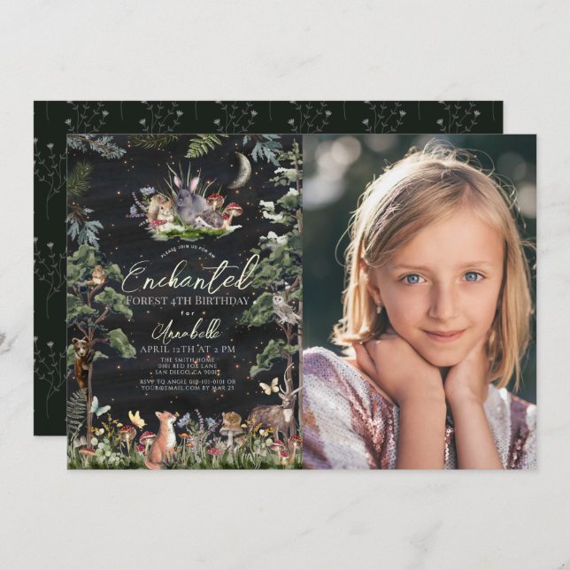Enchanted Forest Woodland Animals Birthday Photo Invitation (Front/Back)