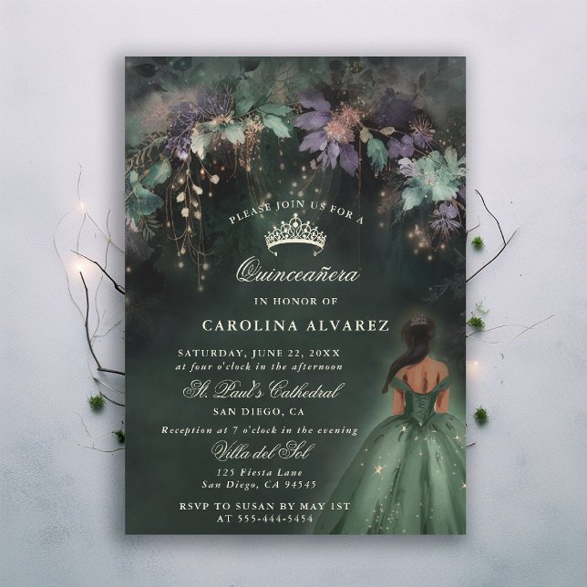 Enchanted Forest Woodland Arch Green Quinceanera Invitation (enchanted forest quinceanera invitation watercolor princess dress dark emerald hunter green woodland)
