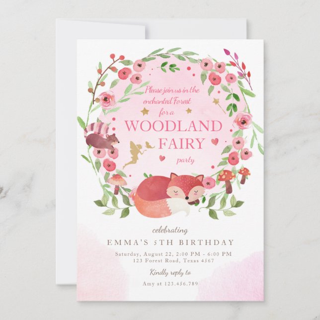 Enchanted Forest Woodland Fairy Pink Girl Birthday Invitation (Front)