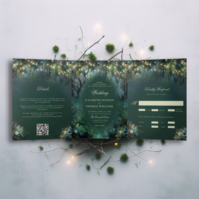 Enchanted Forest Woodland Fairy Tale Wedding Tri-Fold Invitation (enchanted forest woodland wedding invitation emerald hunter green gold all in one tri fold romantic)