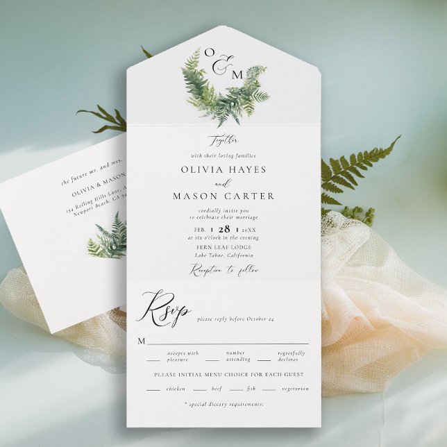 Enchanted Forest Woodland Ferns Monograms Wedding All In One Invitation (enchanted forest wedding invitation botanical crest ferns outdoors mountains sage garden all in one)