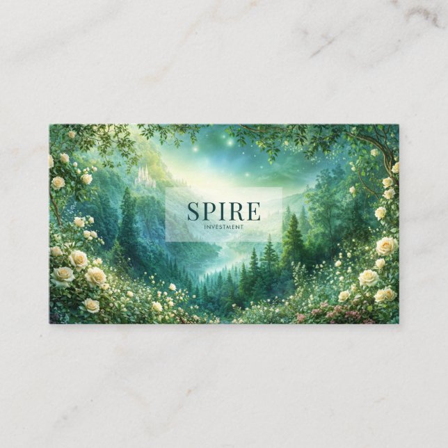 Enchanted Forest Yellow Rose Castle Landscape Business Card (Front)