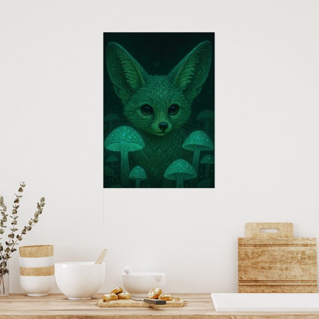 Enchanted Fox & Bioluminescent Mushrooms Poster  (Kitchen)